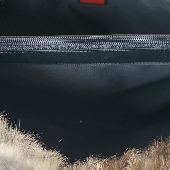 Cole Haan Grey Wool Black Leather and Rabbit Fur Trim Shoulder Bag Purse - Picture 8 of 9